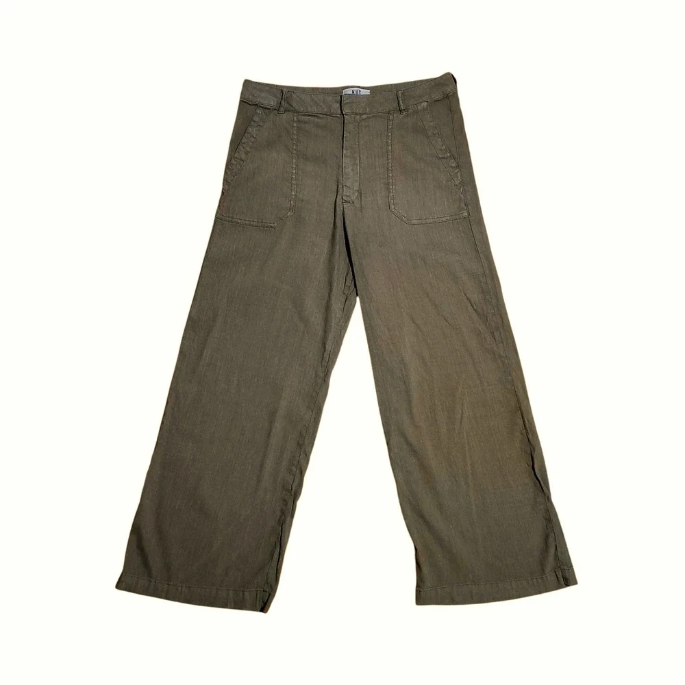 Kut from the Kloth Topaz Wide Leg Linen Blend Pants Olive Green Earthy Size 10 - Picture 1 of 9